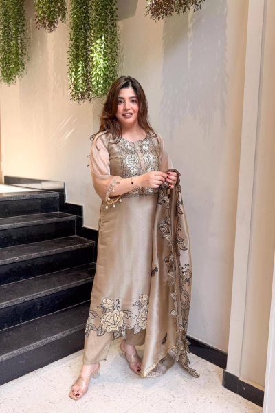 Iconic Brown Jimmy Choo Suit Set with Embroidery Cut Work and Dupatta Embroidery Kurtis 