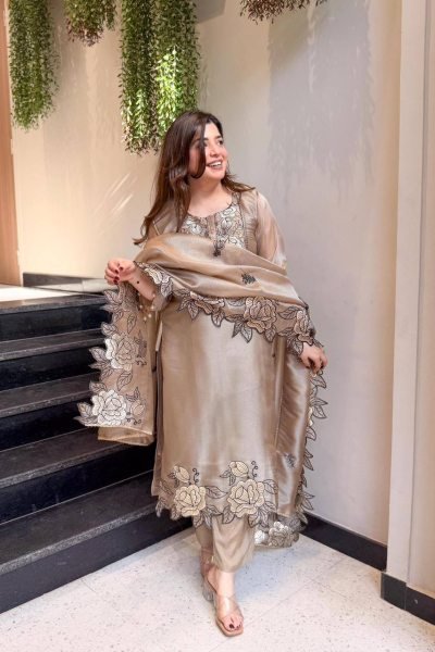 Iconic Brown Jimmy Choo Suit Set with Embroidery Cut Work and Dupatta Embroidery Kurtis 