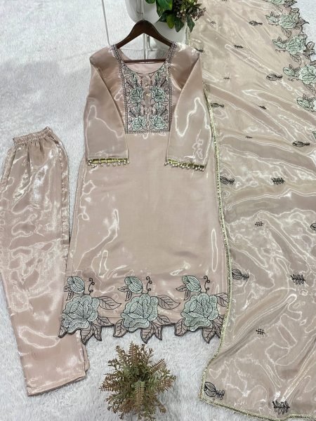 Iconic Brown Jimmy Choo Suit Set with Embroidery Cut Work and Dupatta Embroidery Kurtis 