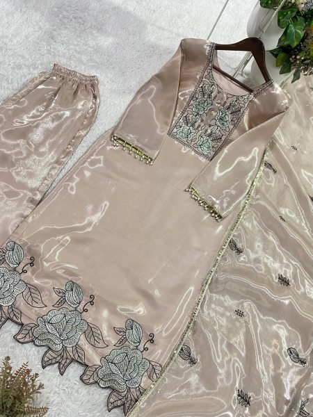 Iconic Brown Jimmy Choo Suit Set with Embroidery Cut Work and Dupatta Embroidery Kurtis 