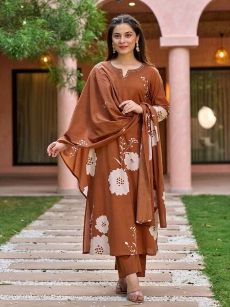 Iconic Brown Pure Muslin Printed Kurta Set with Dupatta for Daily Wear Printed Kurtis