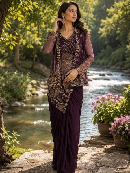 Iconic Brown Ready-Made Imported Lycra Saree with Adjustable Blouse Margin 
