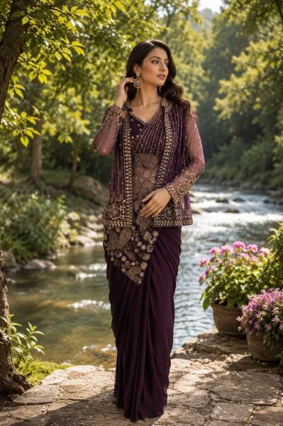 Iconic Brown Ready-Made Imported Lycra Saree with Adjustable Blouse Margin Ready To Wear Saree 