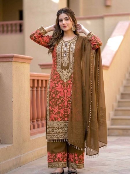 Iconic Brwon Georgette Palazzo Suit with Embroidery Work For Women Ready To Wear Suit