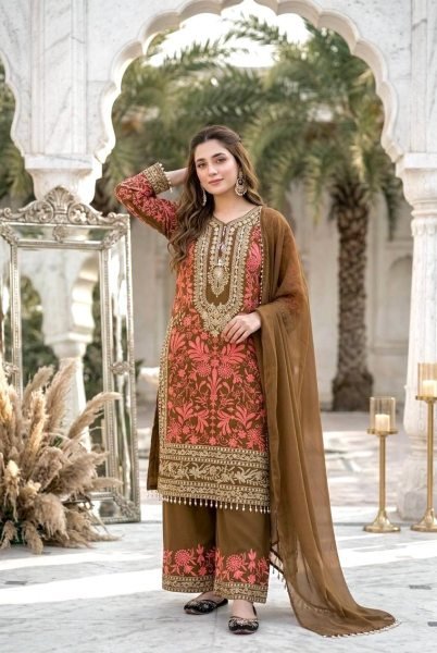 Iconic Brwon Georgette Palazzo Suit with Embroidery Work For Women Ready To Wear Collection