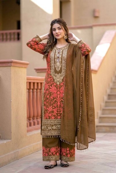 Iconic Brwon Georgette Palazzo Suit with Embroidery Work For Women Ready To Wear Collection