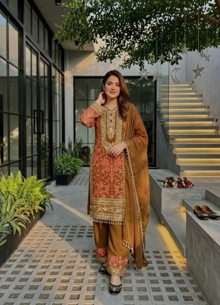 Iconic Brwon Georgette Palazzo Suit with Embroidery Work For Women Ready To Wear Collection