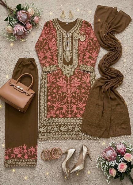 Iconic Brwon Georgette Palazzo Suit with Embroidery Work For Women Ready To Wear Collection