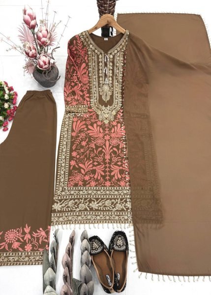 Iconic Brwon Georgette Palazzo Suit with Embroidery Work For Women Ready To Wear Collection