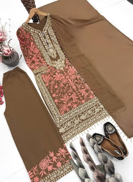 Iconic Brwon Georgette Palazzo Suit with Embroidery Work For Women Ready To Wear Collection