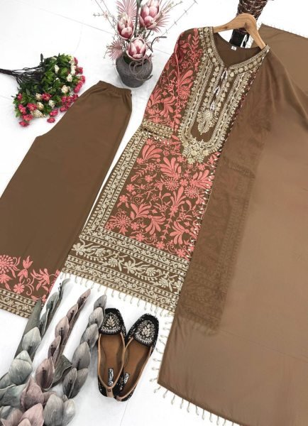 Iconic Brwon Georgette Palazzo Suit with Embroidery Work For Women Ready To Wear Collection