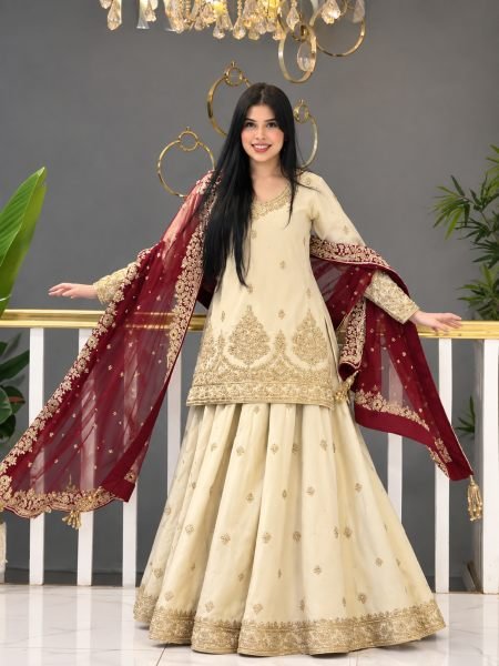 Iconic Cream Heavy Chinon Silk Embroidered Top Palazzo Dupatta Set For Festival Ready To Wear Suit
