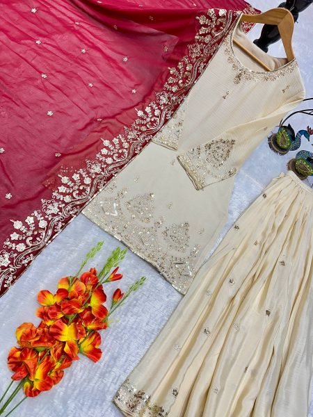 Iconic Cream Heavy Chinon Silk Embroidered Top Palazzo Dupatta Set For Festival Ready To Wear Collection