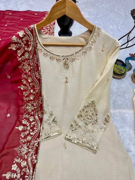 Iconic Cream Heavy Chinon Silk Embroidered Top Palazzo Dupatta Set For Festival Ready To Wear Collection