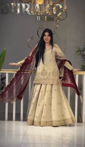 Iconic Cream Heavy Chinon Silk Embroidered Top Palazzo Dupatta Set For Festival Ready To Wear Collection