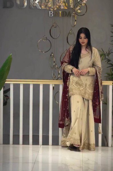 Iconic Cream Heavy Chinon Silk Embroidered Top Palazzo Dupatta Set For Festival Ready To Wear Collection