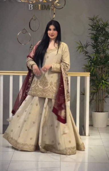Iconic Cream Heavy Chinon Silk Embroidered Top Palazzo Dupatta Set For Festival Ready To Wear Collection