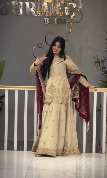 Iconic Cream Heavy Chinon Silk Embroidered Top Palazzo Dupatta Set For Festival Ready To Wear Collection