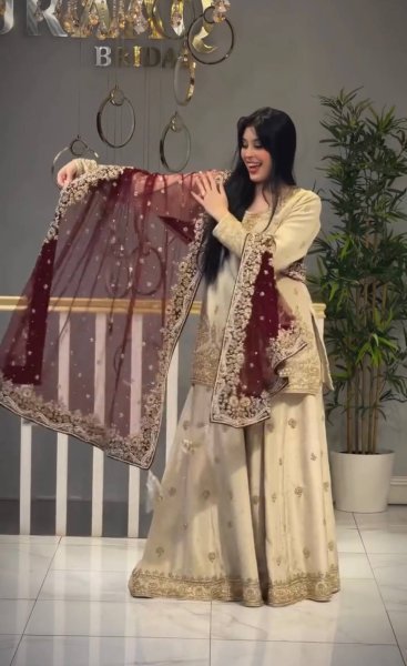 Iconic Cream Heavy Chinon Silk Embroidered Top Palazzo Dupatta Set For Festival Ready To Wear Collection