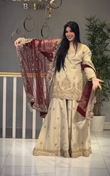 Iconic Cream Heavy Chinon Silk Embroidered Top Palazzo Dupatta Set For Festival Ready To Wear Collection
