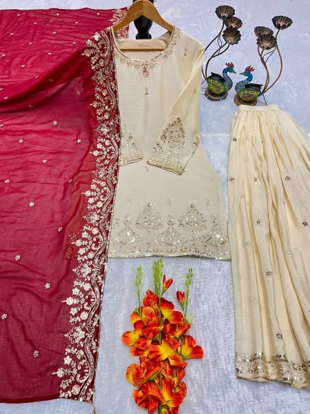 Iconic Cream Heavy Chinon Silk Embroidered Top Palazzo Dupatta Set For Festival Ready To Wear Collection