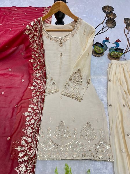Iconic Cream Heavy Chinon Silk Embroidered Top Palazzo Dupatta Set For Festival Ready To Wear Collection
