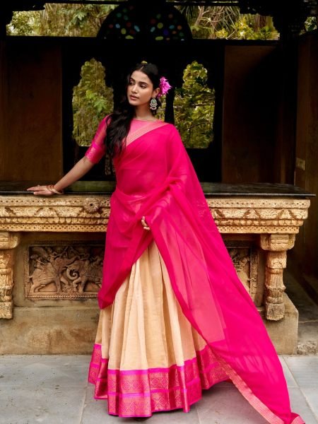 Iconic Cream Pink Kanchipuram Lehenga Set with Canvas  Inner and Georgette Dupatta 