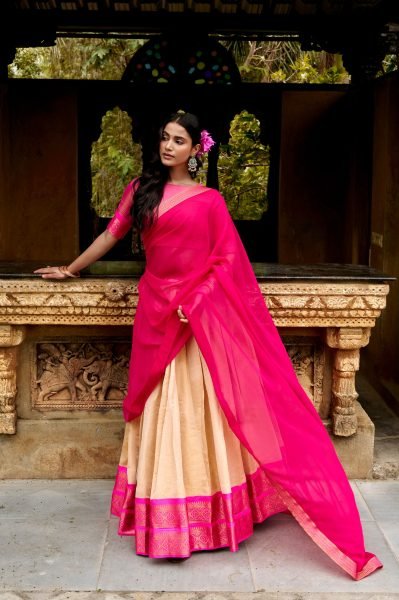Iconic Cream Pink Kanchipuram Lehenga Set with Canvas  Inner and Georgette Dupatta Half Saree Lehenga