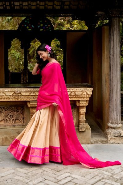 Iconic Cream Pink Kanchipuram Lehenga Set with Canvas  Inner and Georgette Dupatta Half Saree Lehenga