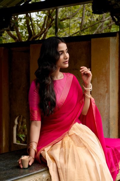 Iconic Cream Pink Kanchipuram Lehenga Set with Canvas  Inner and Georgette Dupatta Half Saree Lehenga