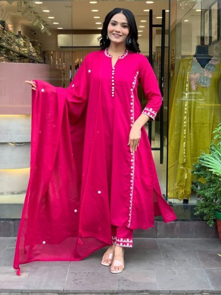 Iconic Designer PV Chanderi Kurti with Matching Pant   Embroidered Chanderi Dupatta for Exporters at Wholesale Rate  Straight Cut Long Kurtis