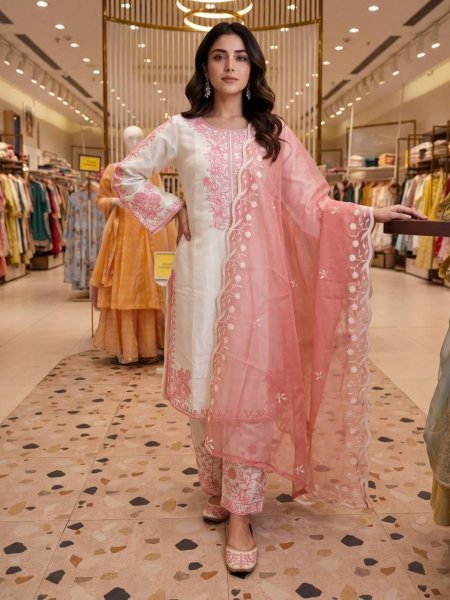 Iconic Elegance Pure Roman Glass Embroidered Palazzo Suit Set With With Dupatta Ethnic Outfit 