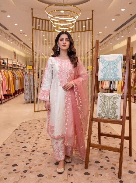 Iconic Elegance Pure Roman Glass Embroidered Palazzo Suit Set With With Dupatta Ethnic Outfit Ready To Wear Collection