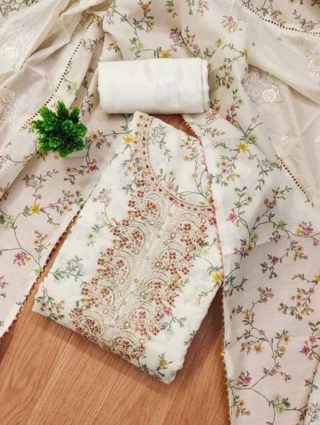 Iconic White Floral Printed Unstitched Salwar Suit Dress Material  Punjabi Dress Materials Wholesale