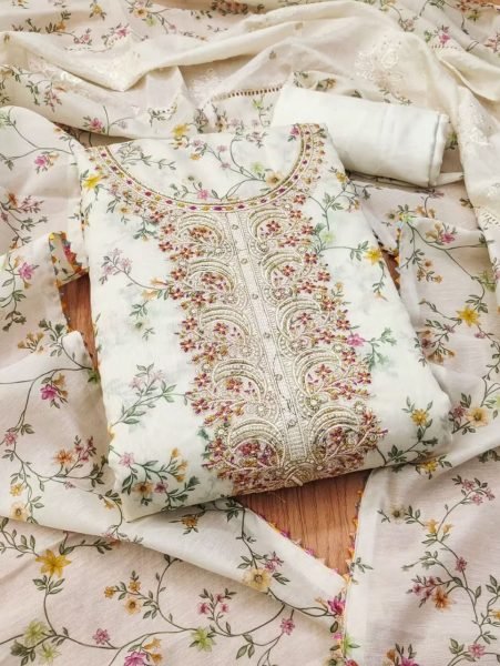 Iconic White Floral Printed Unstitched Salwar Suit Dress Material  Punjabi Dress Materials Wholesale