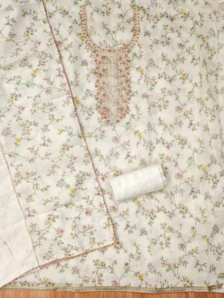 Iconic White Floral Printed Unstitched Salwar Suit Dress Material  Punjabi Dress Materials Wholesale