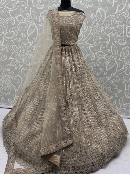 Iconic Golden Net Lehenga with Zircon and Sequin Work for Bridal Functions Bridal Lehenga Choli