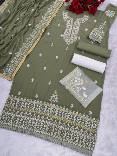 Iconic Green Georgette Suit Set with Heavy Embroidery and Mirror Work Dupatta Pakistani Suits Wholesale