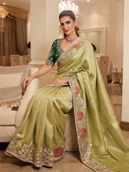 Iconic Green Party Wear Kanjivaram Silk Saree with Designer Embroidered Blouse Silk Sarees Wholesale