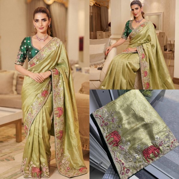 Iconic Green Party Wear Kanjivaram Silk Saree with Designer Embroidered Blouse Silk Sarees Wholesale