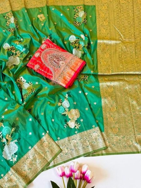 Iconic Green Soft Silk Floral Jacquard Saree with Heavy Beaded Blouse For Wedding Silk Sarees Wholesale