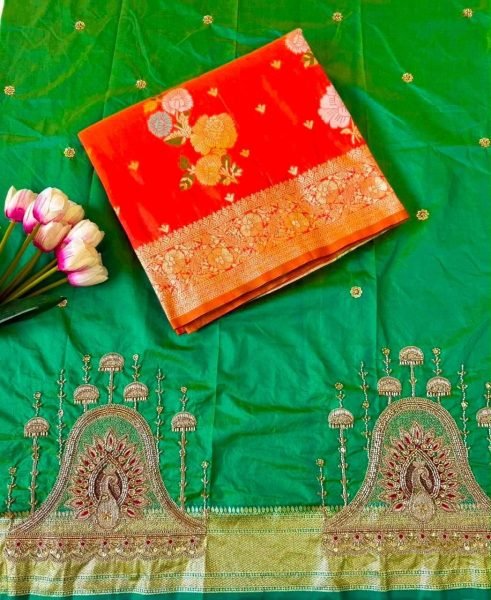 Iconic Green Soft Silk Floral Jacquard Saree with Heavy Beaded Blouse For Wedding Silk Sarees Wholesale