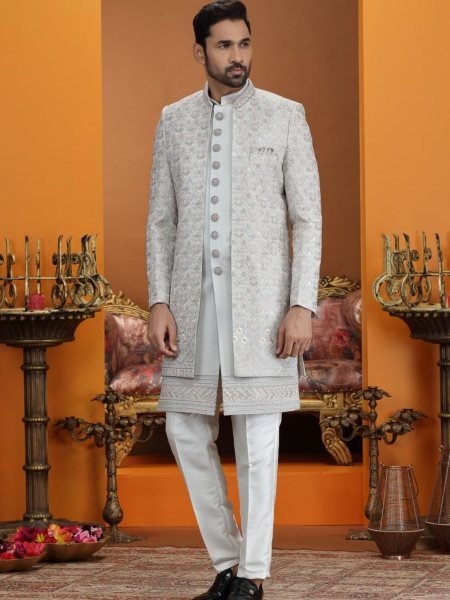 Iconic Grey Designer Heavy Work Suit Set for Wedding and Celebration Wear 