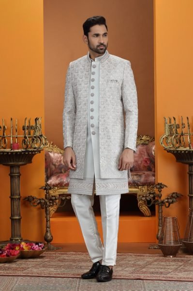 Iconic Grey Designer Heavy Work Suit Set for Wedding and Celebration Wear Kurta Pajama Wholesale