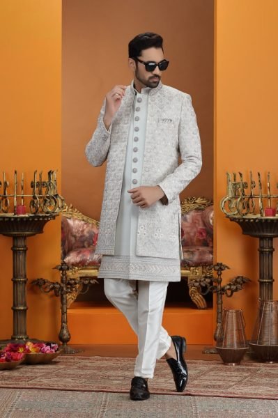 Iconic Grey Designer Heavy Work Suit Set for Wedding and Celebration Wear Kurta Pajama Wholesale