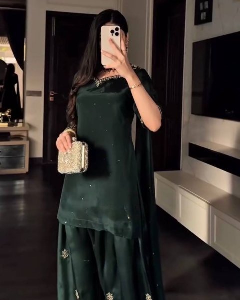 Iconic Green Needle Embroidery And Diamond Hand Work  Farshi Salwar and Organza Dupatta Ready To Wear Suit