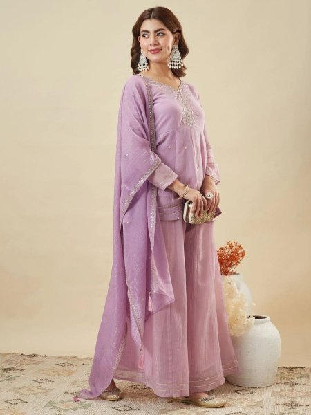 Iconic Lavender Crunchy Silk Sharara Suit with Embroidery Work for Festive Wear Ready To Wear Suit