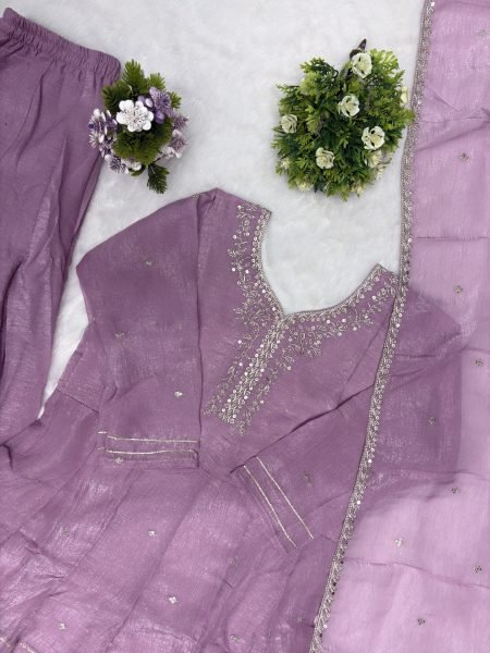 Iconic Lavender Crunchy Silk Sharara Suit with Embroidery Work for Festive Wear Ready To Wear Collection