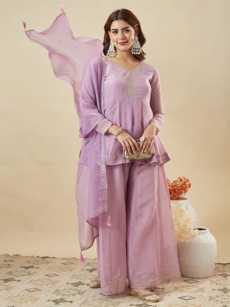 Iconic Lavender Crunchy Silk Sharara Suit with Embroidery Work for Festive Wear Ready To Wear Collection