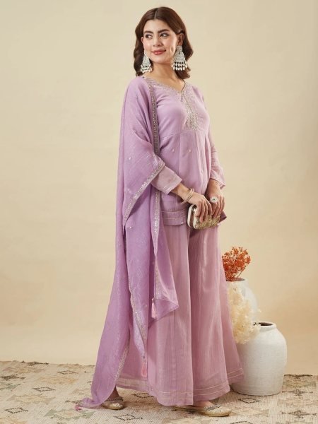 Iconic Lavender Crunchy Silk Sharara Suit with Embroidery Work for Festive Wear Ready To Wear Collection